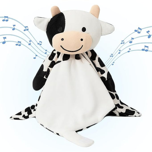 Love By Emi Baby Music Lovey Black & White Cow, Baby Sleep Soother for Crib & Cuddle Bedtime, White Noise with Heartbeat & Lullaby, Plush Sound Toy, Stuffed Animal for Newborns, Infants & Toddlers
