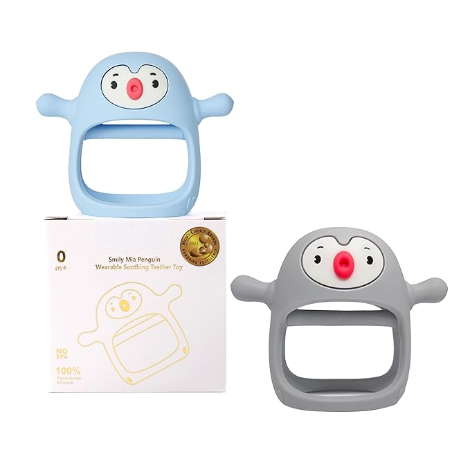 Smily Mia 2pack Baby Teething Toys for 0-6 3-6Months |Penguin Teether | Hand Teethers| Teething Mittens|Chew Toys for Teething Pain Relief, Baby Pacifiers| New Born Essentials, Blue+Grey
