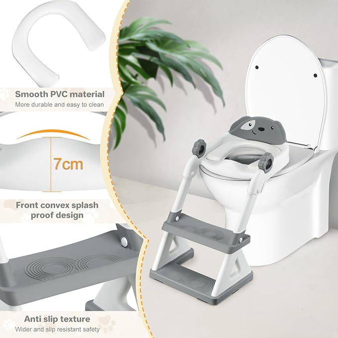2 In 1 Potty Training Toilet Seat & Toddler Step Stool, Bottom Triangle Stability Toddler Toilet Seat, Adjustable Step & Seat Height Potty Seats (Grey)