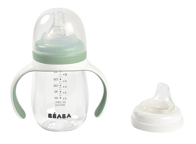 BEABA 2-in-1 Baby Bottle to Transition Sippy Cup, No Spill Sippy Cup, Includes Removable Handles, Silicone Baby Bottle Nipple and Soft Spout, 7 oz (Sage)