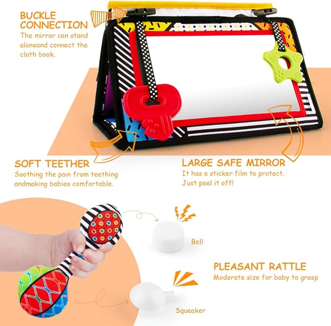 3-in-1 Tummy Time Mirror with Soft Crinkle 3D Activity Book, Teethers, Rattle - High Contrast Black and White Montessori Baby Crawling Toys Developmental Newborn Infant Sensory Toys Gift 0-12 Months