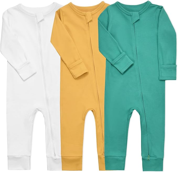Aablexema Baby Cotton Fooltess Pajamas with Mitten, 3-pack Infant Romper Zip Up One Piece Jumpsuits Outfit