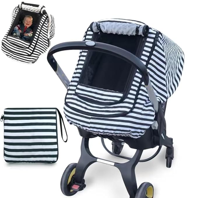 Car Seat Covers for Babies,Baby Car Seat Cover for Boys Girls,Windproof Infant Carseat Cover,Kick-Proof Car Seat Canopy with Breathable Mesh Peep Window(Black Stripe)