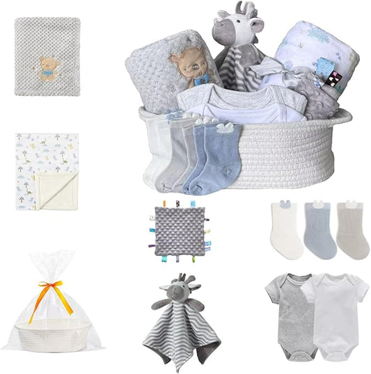 CREVENT Gift Set for Girls Boys -Diaper Caddy Organizer Basket with 2 Blankets, 1 Taggie, 1 Lovey, 3 Socks，2 Baby Bodysuits，1 Gift Bag with Ribbon - Newborn Essential Baby Shower