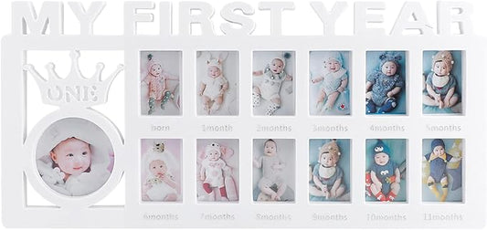 ESTAMICO Baby Picture Frames My Frist Year Photo Keepsake for Baby 1-12 Months Memory, White