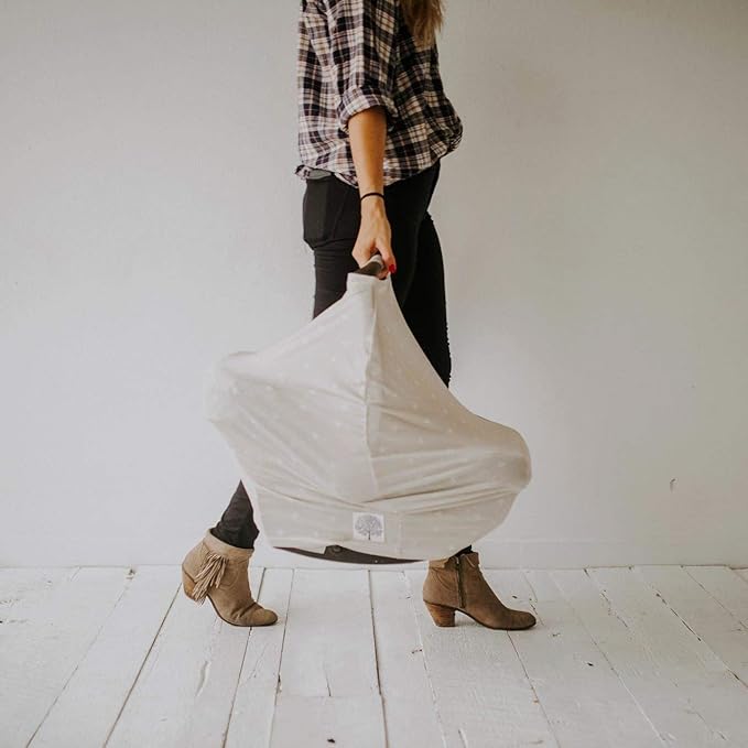 Parker Baby 4 in 1 Car Seat Cover for Girls and Boys - Stretchy Carseat Canopy, Nursing Cover, Grocery Cart Cover, High Chair Cover - Gray/White Stripes