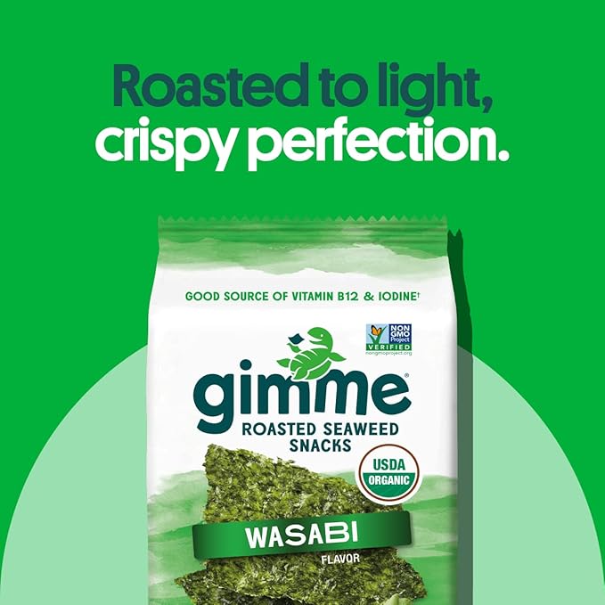 Gimme Seaweed Organic Premium Roasted Seaweed Snacks, Wasabi, 20 Count, Keto, Vegan, Gluten-Free, Great Source of Omega3s and Iodine, Healthy On-The-Go Snack for Kids and Adults