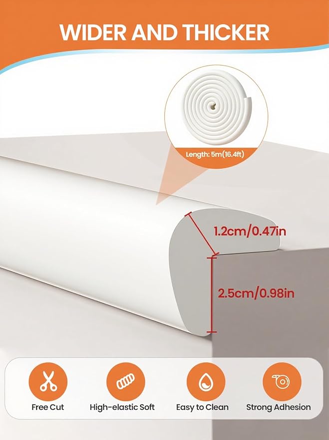 Baby Proof Edge Corner Protector, 16.4FT 0.47''Th L-Shape Furniture Corner & Edge Safety Bumper with 10 Corners, Pre-Taped, Soft NBR Rubber Foam Desk Edge Cushion Wall Corner Protector(White-gray)