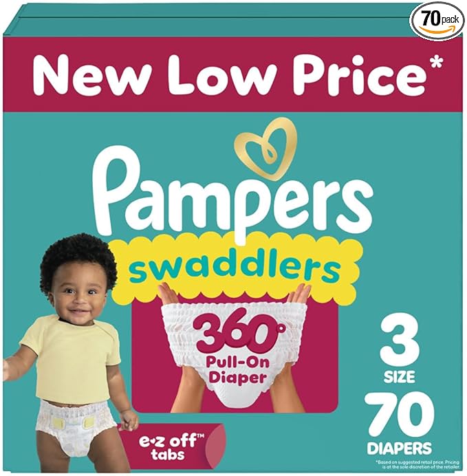Pampers Diapers - Swaddlers 360° - Size 3, 70 Count, up to 100% Leakproof Comfy Dry Fit, Designed for Easy Changes, Pull On Baby Diaper (Packaging May Vary)