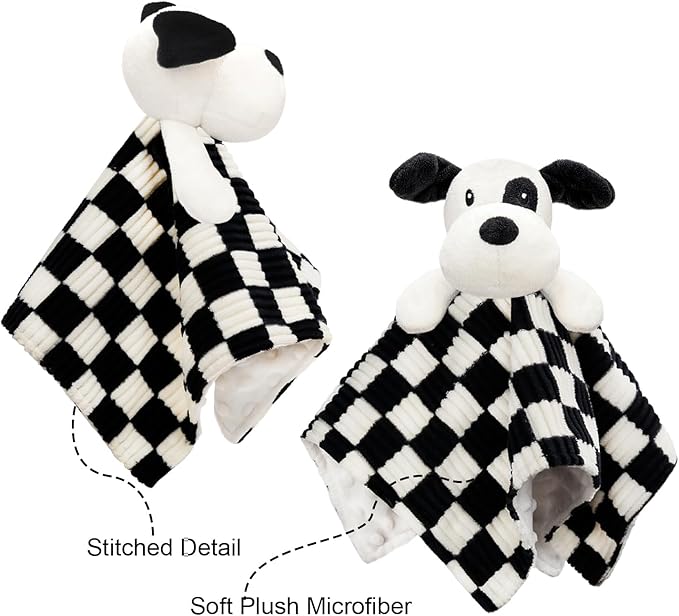 Baby Security Blanket for Boys Girls, High Contrast Super Soft 3D Checkerboard Gingham with Minky Dot Fabric Backing Snuggle Stuffed Animal Blankie Puppy Lovely Black 14 Inch
