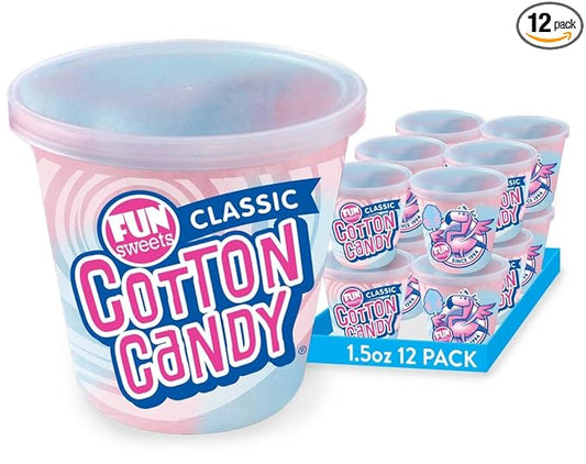 Fun Sweets Cotton Candy 12-Pack - Blue Raspberry and Cherry Swirl 1.5 oz Tub Resealable - Individual Cotton Candy Tubs Great for Easter Basket Candies or Party Favors - Bulk CottonCandy Individual Tubs