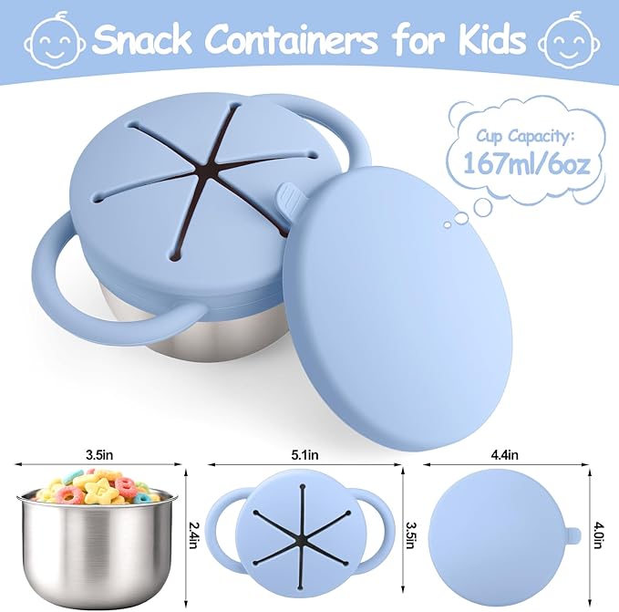 Mity rain 1 Pack Stainless Steel Snack Containers for Toddlers with Spill-Proof Silicone Lids & Handles - 3-in-1 Baby Snack Cups, No-Spill Toddler Snack Box, Perfect for On-the-Go Healthy Eating