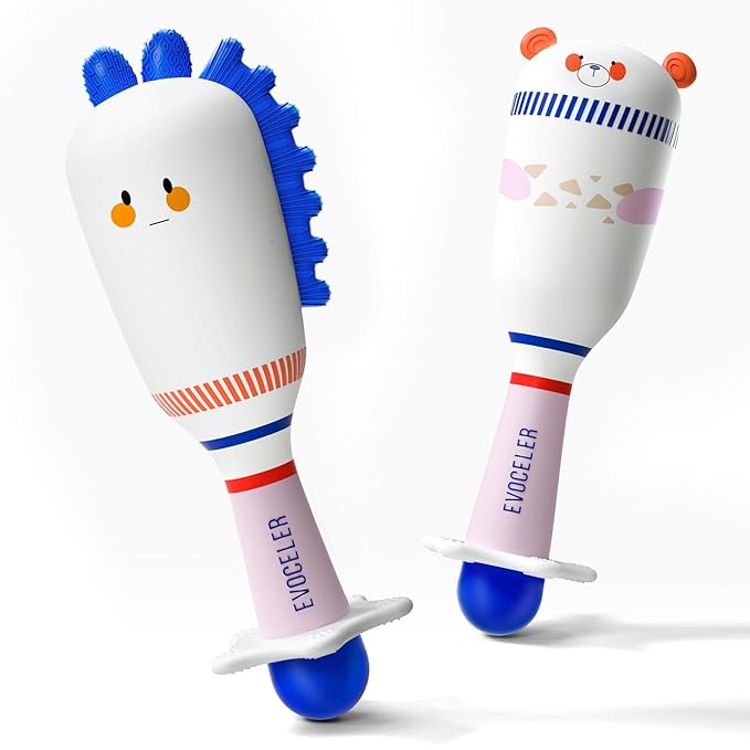 Evoceler Baby Toys, 2 Pac Bear Rattles & Shaker Toys with Teether, Sensory Toys for 0+M Babies, Soft Silicone BPA Free, Perfect Size for Grasp and Shake, Ideal Baby Boy Girl Toy Gift