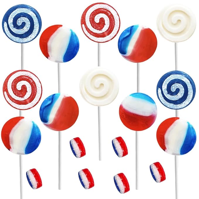 Fruidles Assorted USA Patriotic Lollipops & Barrels Mix, Red, White, and Blue Mixed Fruit Flavor, Made in Brazil, Individually Wrapped, 8g (30 Pounds (Bulk))