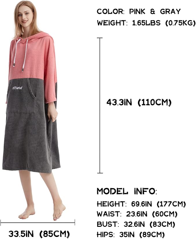 Hiturbo Changing Robe, Absorbent Quick Dry Surf Poncho, 3/4 Sleeve Microfiber Hooded Towel for Beach Swimming Surfing Bathing