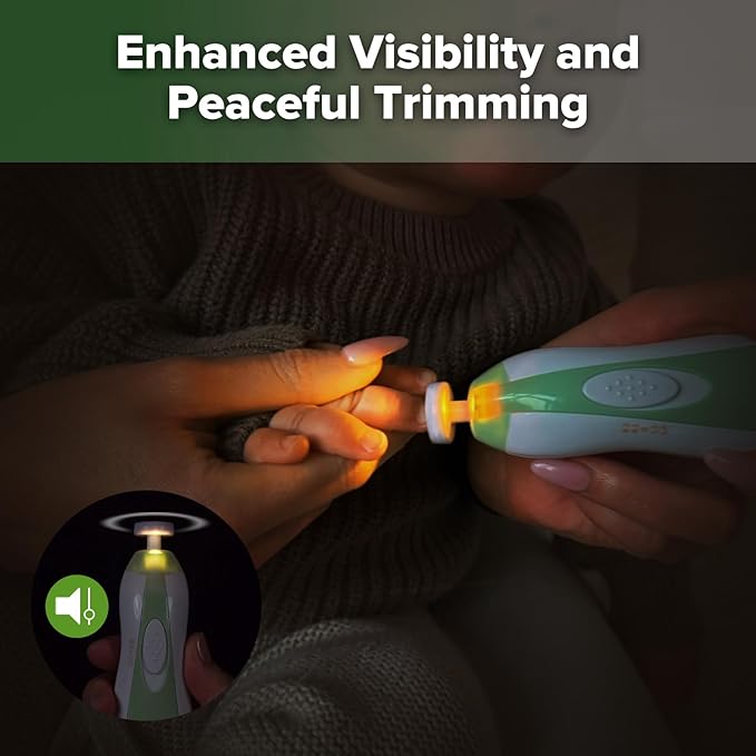 haakaa Baby Nail File Electric Baby Nail Care Set with LED Light, Baby Nail Clippers for Newborn/Infants/Adults Toenails and Fingernails, 6 Replacement Heads & Storage Case, Green