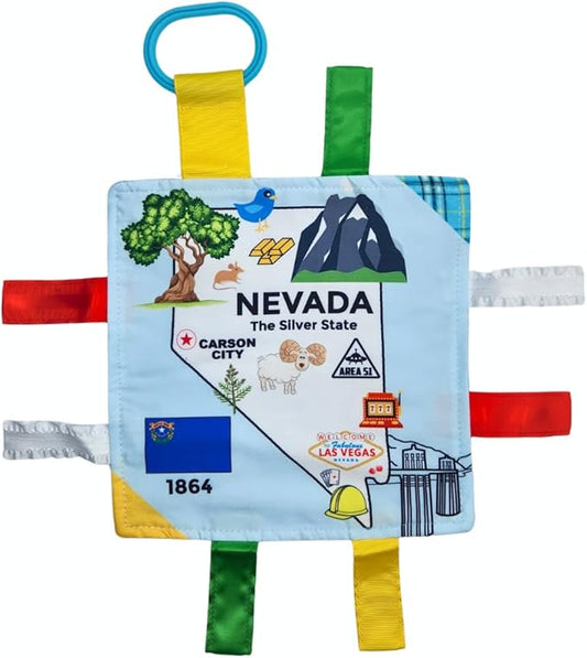 Baby Jack & Co 8x8” Learning Lovey Nevada State Tag Stroller Toy for Babies - Crinkle Toys for Developing Five Senses - Learn About Capitals - Travel with Baby Jack - BPA Free Clip