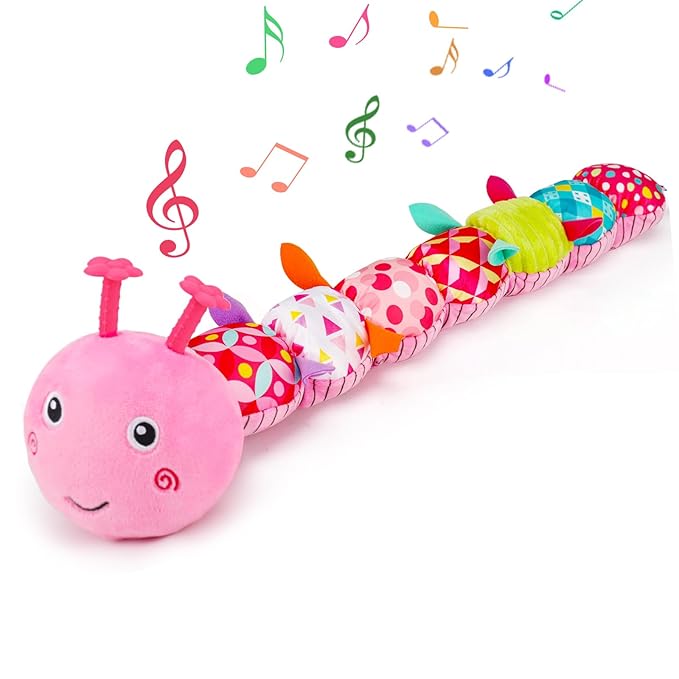 Baby Tummy Time Toy 0-6 Month Musical Stuffed Animal Plush Caterpillar Toy for Infant 6-12 Month Teething Sensory Toy with Crinkle Rattle for Babies 0-3-6 Month Newborn Toys Girl Shower