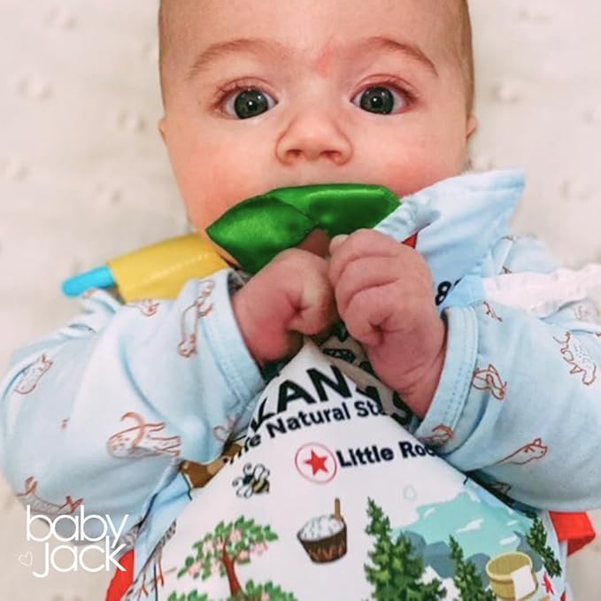 Baby Jack & Co 8x8” Learning Lovey Arkansas State Tag Stroller Toy for Babies - Crinkle Toys for Developing Five Senses - Learn About Capitals - Travel with Baby Jack - BPA Free Clip