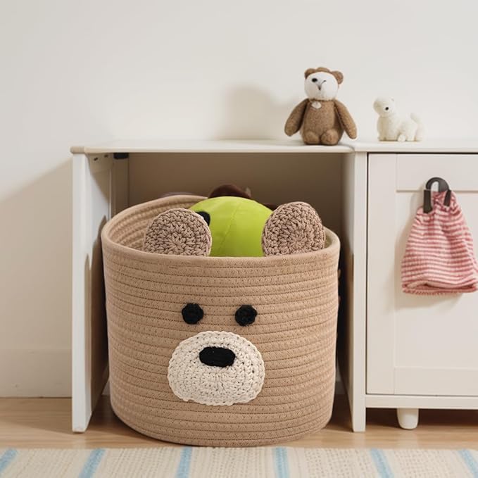 Bear Laundry Baskets Laundry Hamper Storage Baskets with Handles,Decorative Basket for Living room,Woven Storage Basket for Toys Bin Pillows Blankets Clothes (Brown)
