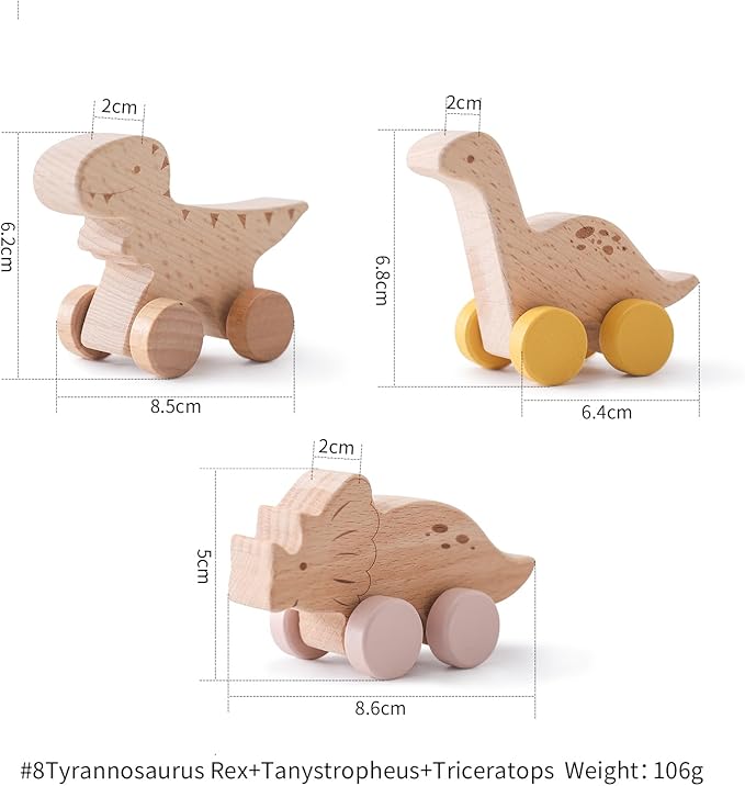 Wooden Dinosaur Cars Montessori Toys for Babies Baby Push Car Toys Wooden Toy Vehicles Development and Infant Grasping Montessori Toys(3PCS)