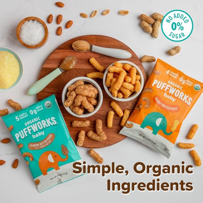 Puffworks Baby Organic Peanut Butter Puffs, Perfect for Early Peanut Introduction, Plant Protein, USDA Organic, Gluten-Free, Vegan, Non-GMO, Kosher, 1.0 Ounce (Pack of 6)
