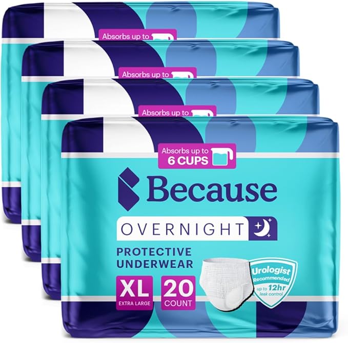 Because Overnight Absorbency Pull Ups - Adult Disposable Incontinence Underwear, Extra Absorbent Nighttime Briefs for Men and Women, White, XLarge, 80 Count (4 Packs of 20)