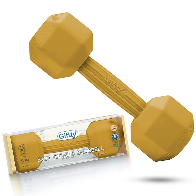 Giftty Baby Dumbbell - Silicone Infant Rattle Teething Toy Teether Toddler Sensory Toy Durable Safe Exercises Workout Weight - Great Gift for Baby Boys & Girls (1pcs - Tangerine)