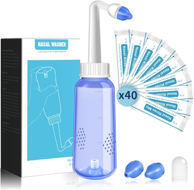 Nasal Irrigation System-300ml 10oz Nasal Wash Bottle Sinus Rinse Bpa-Free for Adult & Kid with 40 Nasal Wash Salt Packets
