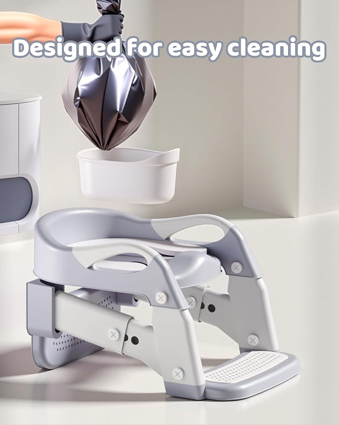 3-in-1 Potty Training Seat & Training Toilet & Potty Chair, Height Adjustable Toddler Toilet Seat for Kids Boys Girls, Foldable Potty Training Toilet with Splash Guard and Anti-Slip Steps