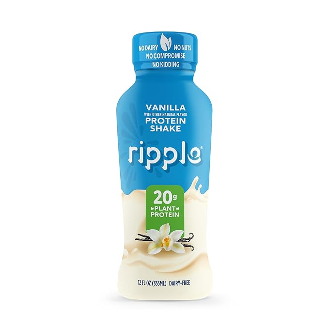 Ripple Vanilla Plant Based Protein Shake | 20g of Quality Sourced Pea Protein, Calcium & Iron Rich | Shelf Stable | Vegan & Non GMO | Dairy, Soy, Nut, & Gluten Free | 12 Fl Oz Bottles (Pack of 12)