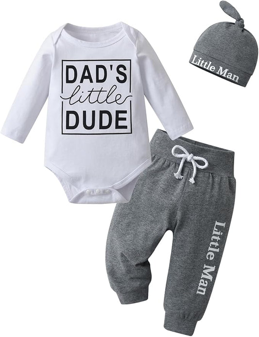 KuKitty Newborn Infant Baby Boy Clothes Long Sleeve Romper + Pants + Hat 3PCS Outfits Set