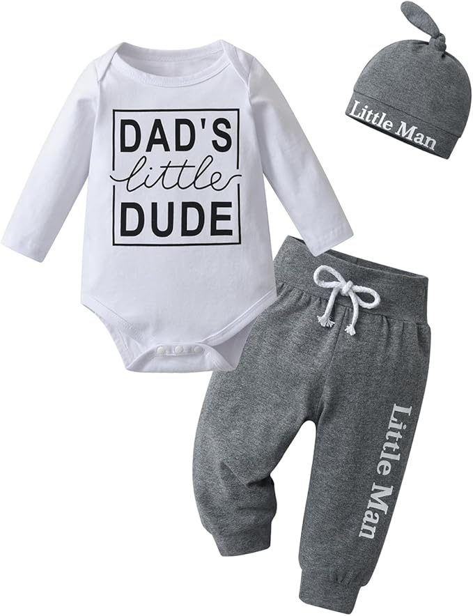 KuKitty Newborn Infant Baby Boy Clothes Long Sleeve Romper + Pants + Hat 3PCS Outfits Set