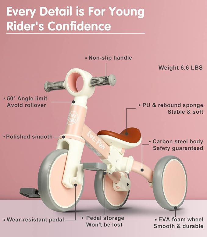 LOL-FUN Baby Balance Bike for 1 2 Year Old Boys Girls Gift, 4 in 1 Kids Tricycle for Toddlers 1-3 with Easy Assembly Removable Pedal
