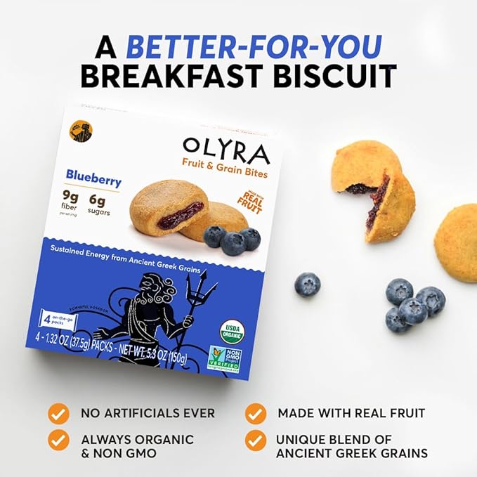 Olyra Blueberry Organic Bars, Prebiotic High Fiber Bars, Healthy Snacks for Kids, Low Sugar, Vegan, Office Bar, USDA Certified Organic, Non GMO (Pack of 12)