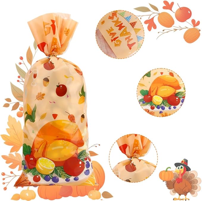 100 PCS Fall Treat Bags(5.1x10.6 Inch) with Ties Thankgiving Turkey Goodie Candy Gifts Bags Bulk Autumn Pouches for Thanksgiving Home Party Favors Supplies Decorations Friendsgiving Cellophane Bag
