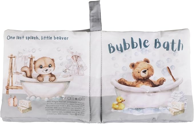 Ali+Oli Baby Cloth Book – Soft Sensory Crinkle Book with Teether for Infants 0-12 Months – Early Learning Touch & Feel Tummy Time Toy – Newborn Shower Gift for Boys & Girls - Bubble Bath