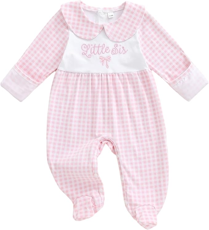 Newborn Baby Girl Footed Romper Onesie Little Sister Embroidery Fall Clothes Coming Home Outfit Vintage Jumpsuit