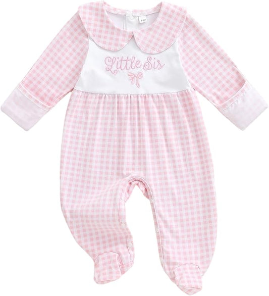 Newborn Baby Girl Footed Romper Onesie Little Sister Embroidery Fall Clothes Coming Home Outfit Vintage Jumpsuit