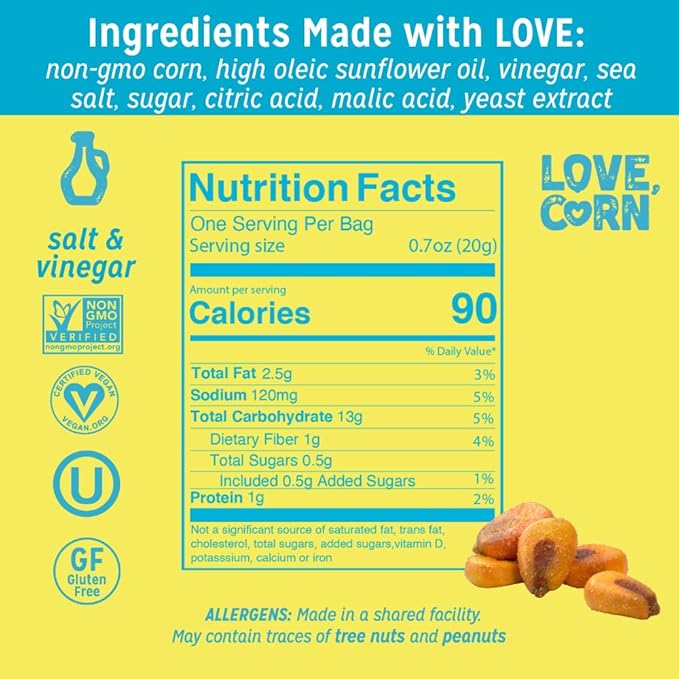 LOVE CORN Salt & Vinegar 0.7oz x 20 Bags - Delicious Crunchy Corn - Healthy Family Snacks - Gluten Free, Kosher, NON-GMO - Alternative for Chips, Nuts, Crackers & Pretzels - Perfect for Charcuterie Boards