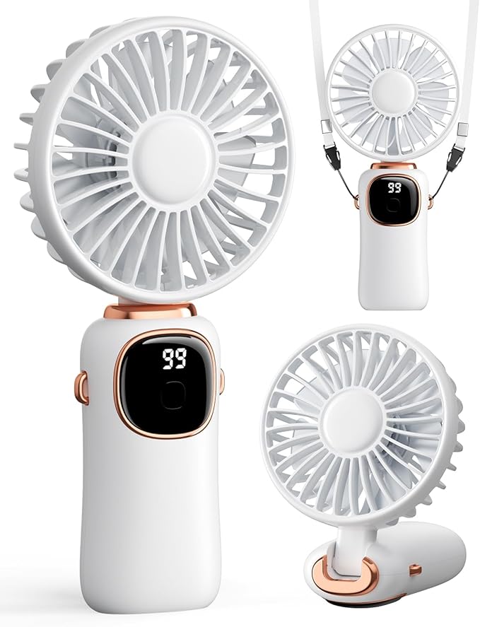 coldSky Portable Handheld Fan, 4000mAh Battery Operated 3 in 1 Multifunction Personal Travel Fans with Digital Display, 90° Foldable Desk Fans with Base, 5 Speed Lash Fan for Makeup/Office (White)