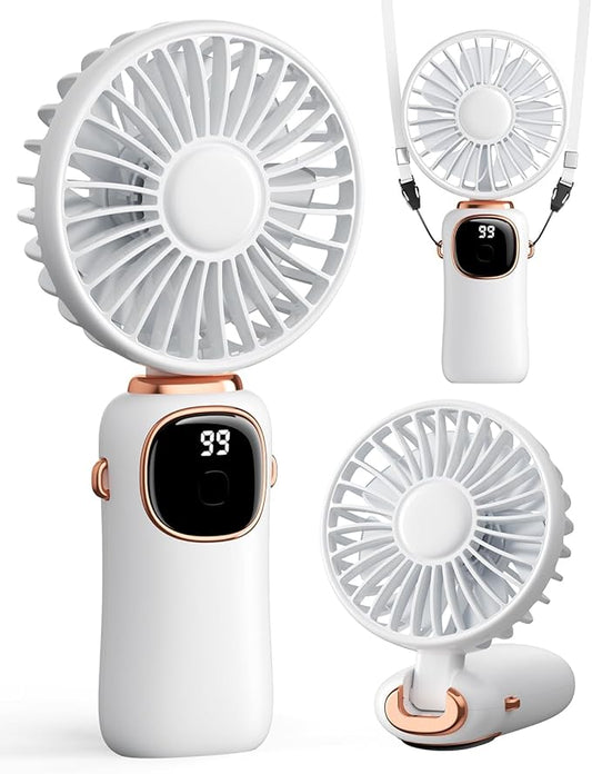 coldSky Portable Handheld Fan, 4000mAh Battery Operated 3 in 1 Multifunction Personal Travel Fans with Digital Display, 90° Foldable Desk Fans with Base, 5 Speed Lash Fan for Makeup/Office (White)