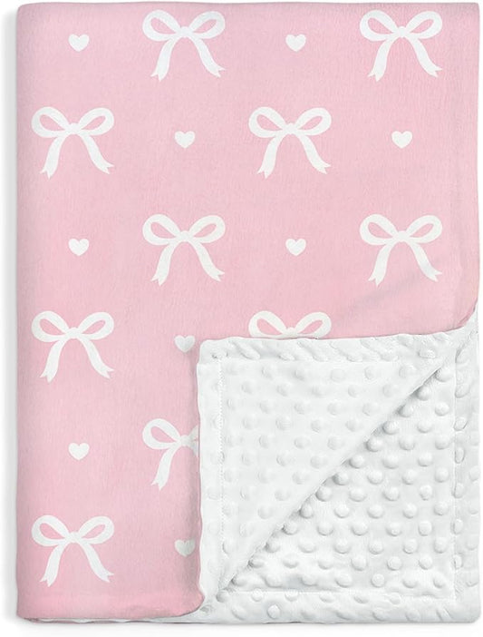 Bow Minky Baby Blanket 30 x 40 Inches for Girls, Soft Plush Receiving Blanket with Dotted Back, Gift for Toddler Newborn Infant Christmas Birthday Baby Shower