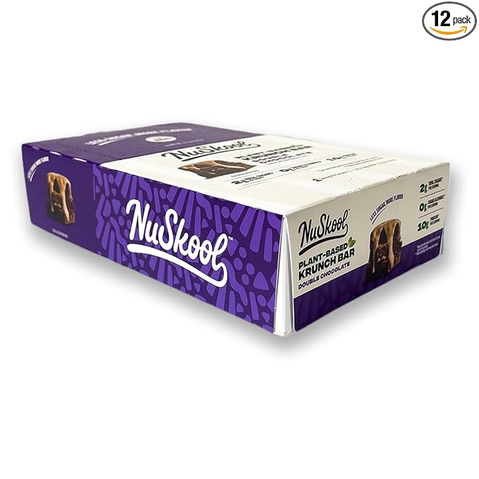 NuSkool Snacks Double Chocolate Keto Friendly Protein Krunch Bars (12 Pack) - 7g Fiber, 10g Clean Plant-Based Protein, 3g Net Carbs - Gluten-Free, Non-GMO, Vegan, Low Carb Keto Healthy Breakfast Snack
