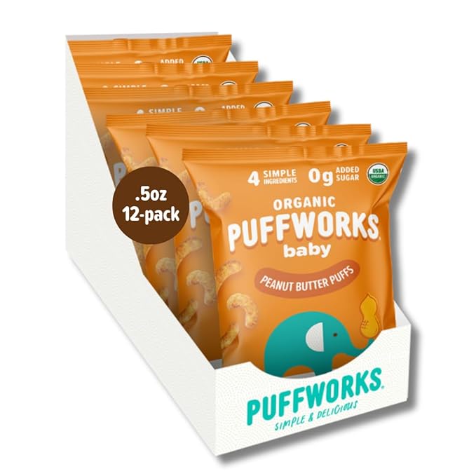 Puffworks Baby Organic Peanut Butter Puffs, Perfect for Early Peanut Introduction, Plant Protein, USDA Organic, Gluten-Free, Vegan, Non-GMO, Kosher, 1.0 Ounce (Pack of 6)