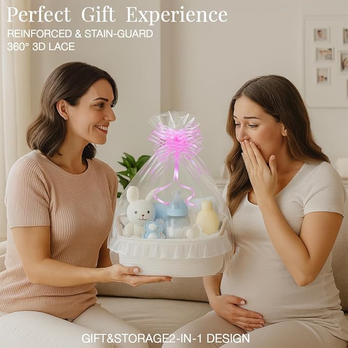 Cotton Rope Gift Basket with Handle– White Woven Storage Basket with Organza Lace, Decorative Bin for Baby Shower, Housewarming, Nursery, Toys, Towels, Baby Accessories, Easter, Holiday Gifts