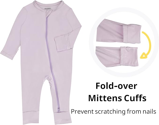 GUISBY Baby Pajamas with Mitten Cuffs - 3Pcs Girls Boys 2 Way Zipper Long Sleeve Rayon Sleepers