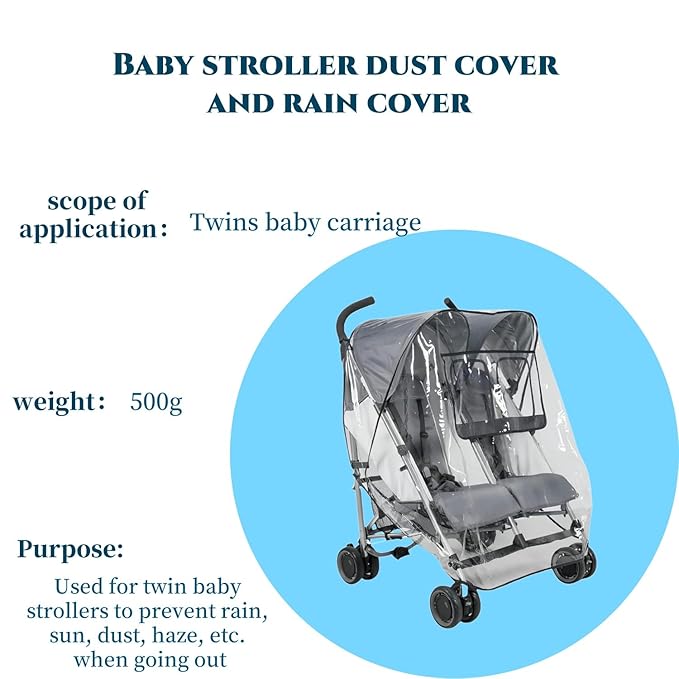 Clear Travel Weather Shield,Rain Cover for Double Stroller Universal,Breathable Waterproof Double Stroller Rain Cover Side by Side,Twins Stroller Cover for Rain/Wind/Snow/Cold/Dust