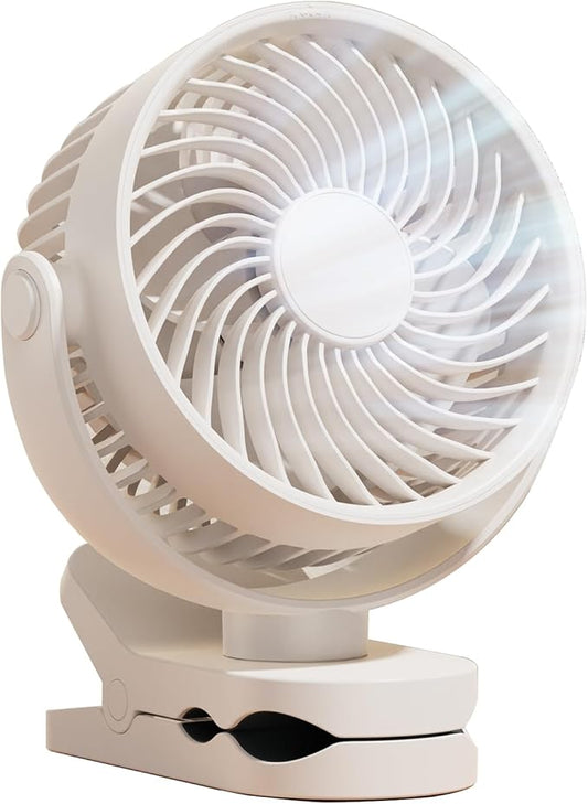 Personal Clip on Fan 2000mAh Battery Operated, Type-C 4 Speed Max 8.5 Hrs 360° adjustment Clip fan, Small Portable Fan for Office, Bedroom, Desk, dormitory, Camping, Stroller, Golf Cart - White