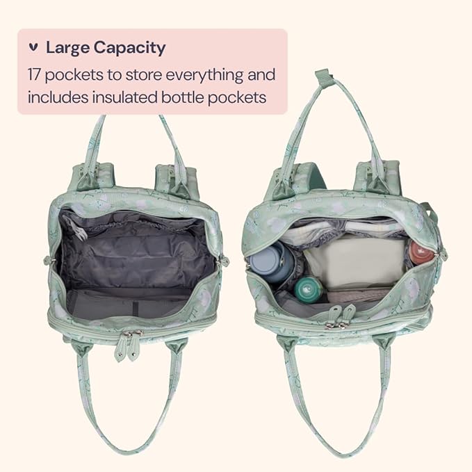 BabbleRoo Diaper Bag Backpack - Baby Essentials Travel Tote - Multi Function Water Resistant Diaper Bag, Travel Essentials Baby Bag with Changing Pad, Stroller Straps & Pacifier Case - Green Birdy